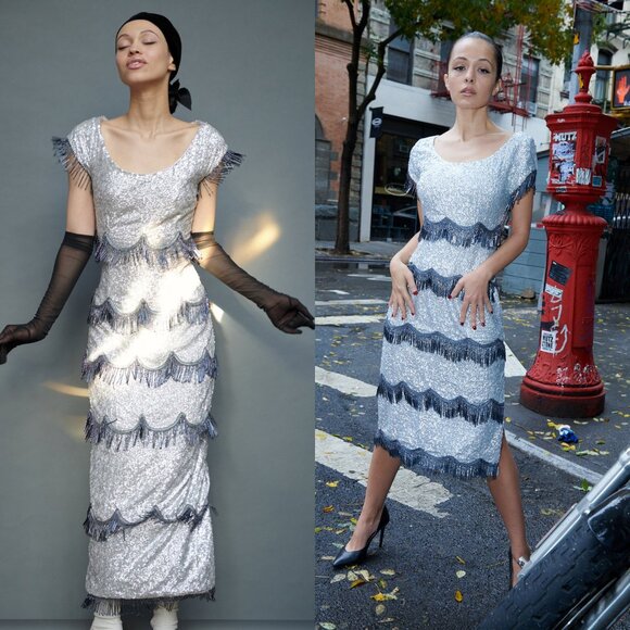 Batsheva NEW Octavia Cocktail Party Formal Midi Dress in Silver Sequin Size 6 - Picture 2 of 13